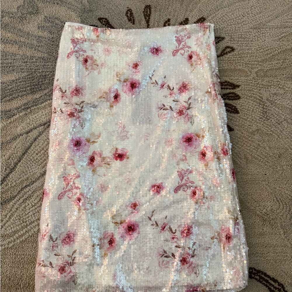 White Fox Boutique Pink Floral Sequin Mini Skirt